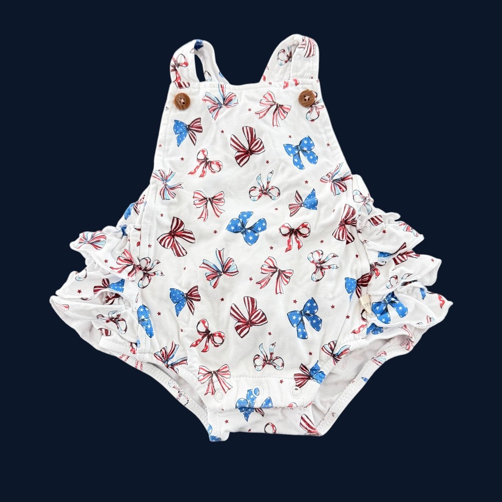 Milkberry Patriotic 4th of July Bow Ruffle Romper 0-3M White USA Bamboo Viscose